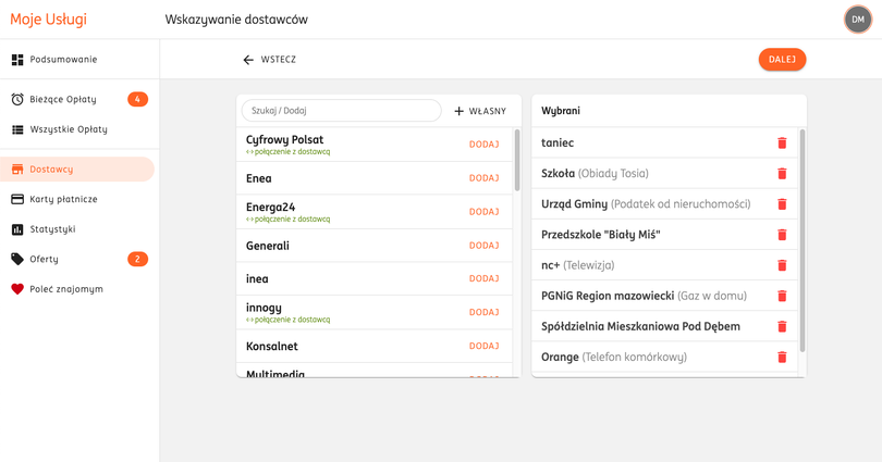 Moje Usługi - lista dostawców Moje Usługi - lista dostawców