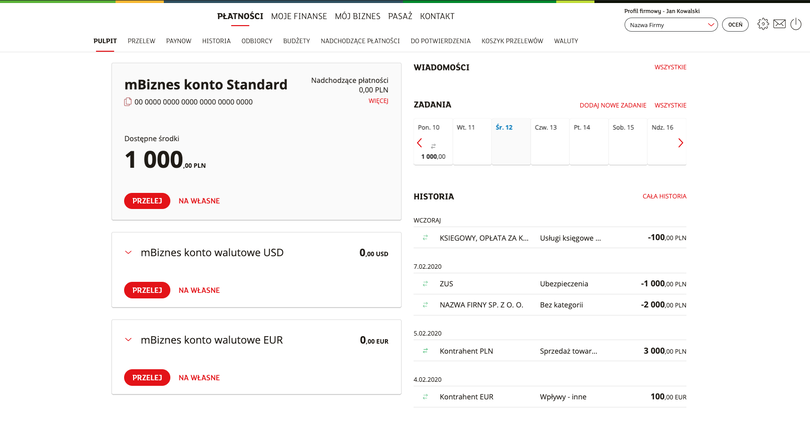 panel transakcyjny mbiznes konta firmowego w mbanku
