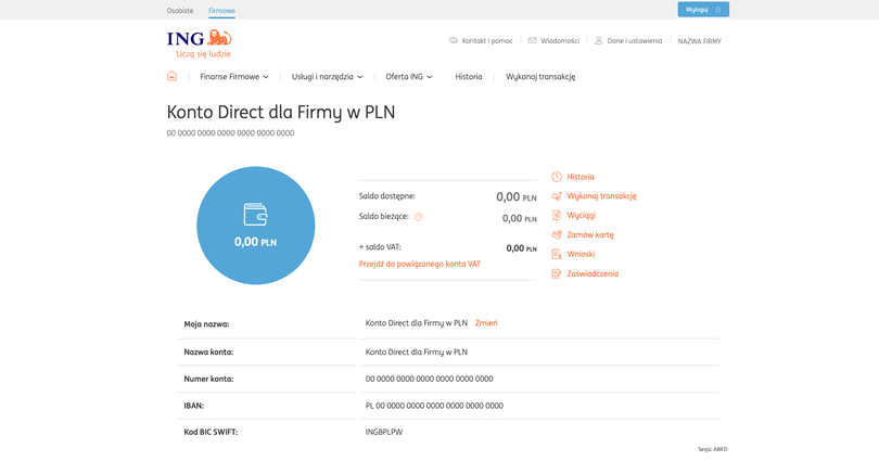 ING Konto dla firmy - szczegóły rachunku